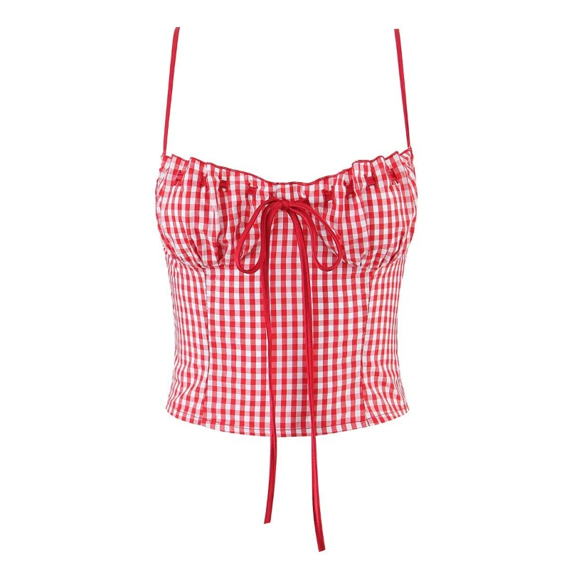 

2026 Summer Hot Selling Thin Shoulder Strap Polka Dot Tie Short Cute Vest for Women