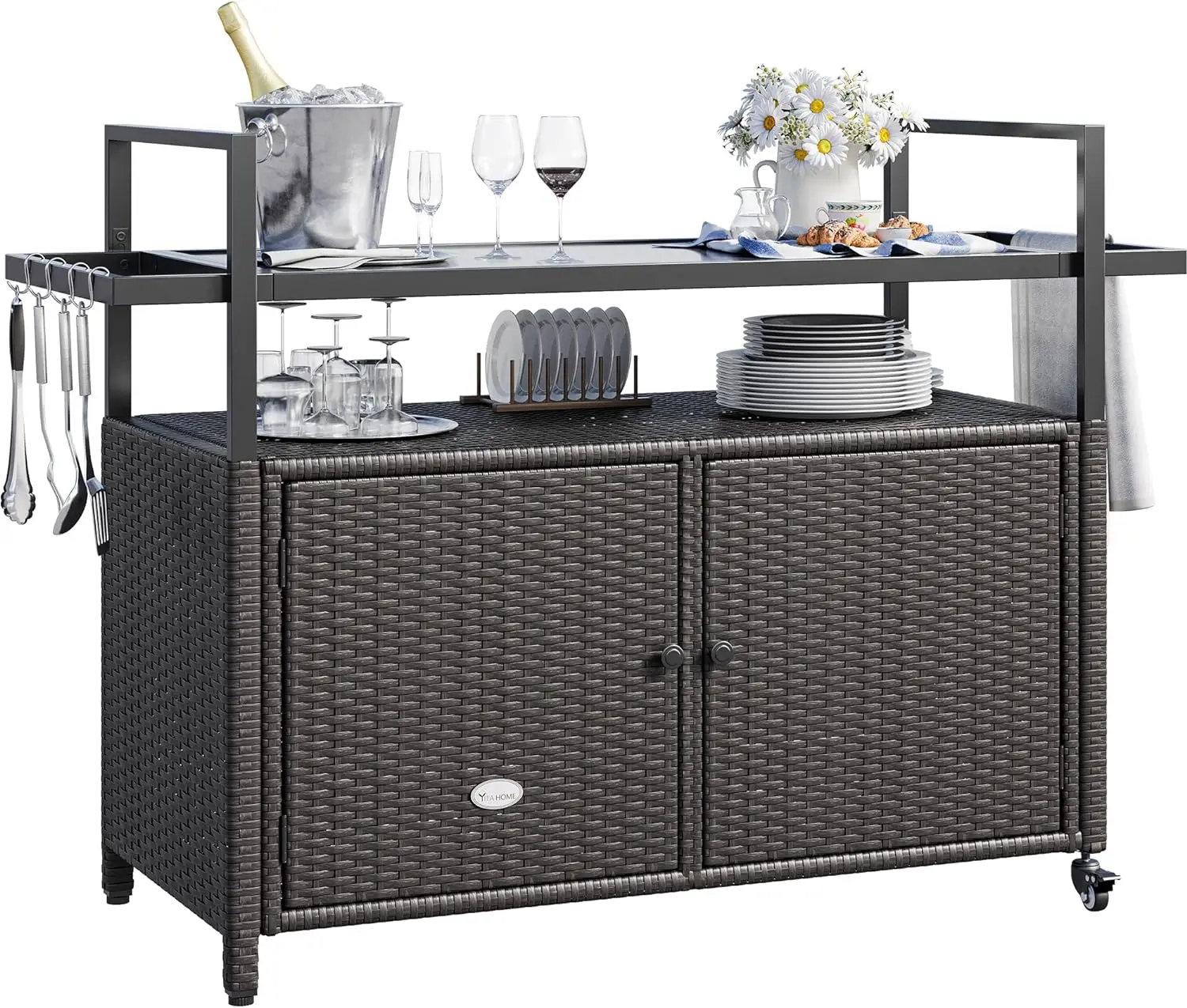 

Outdoor Storage Cabinet Patio Wicker Bar Table w/Plastic Wood Tabletop, Wine Glass Holders and Built-in Bottle Opener