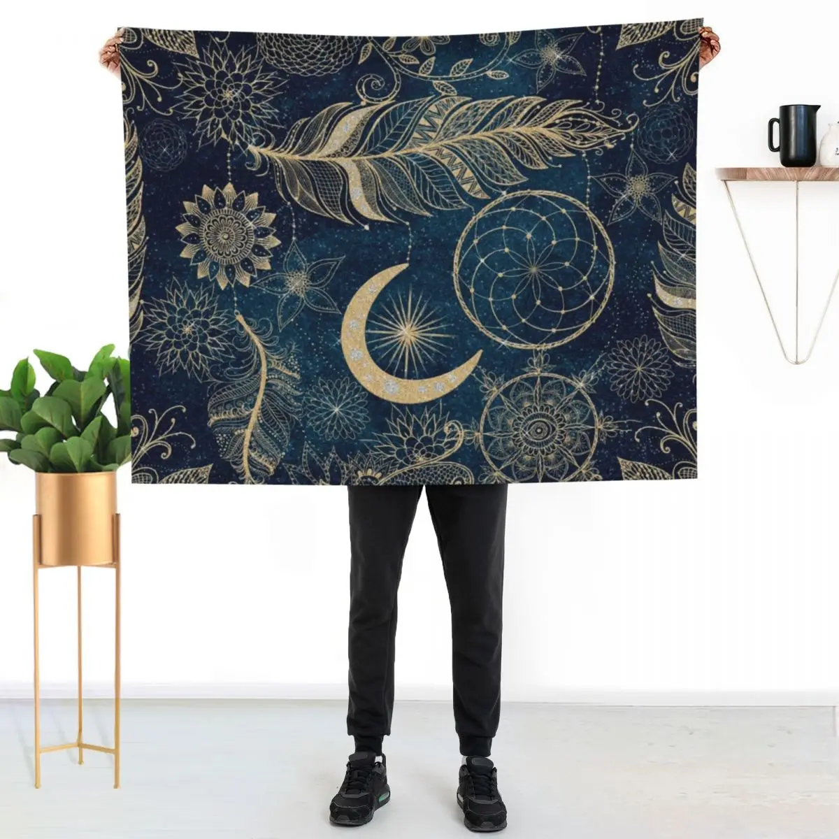 Whimsy Gold Glitter Dreamcatcher Feathers Mandala Throw Blanket Fluffy Cozy Throw Blanket for Home Decor