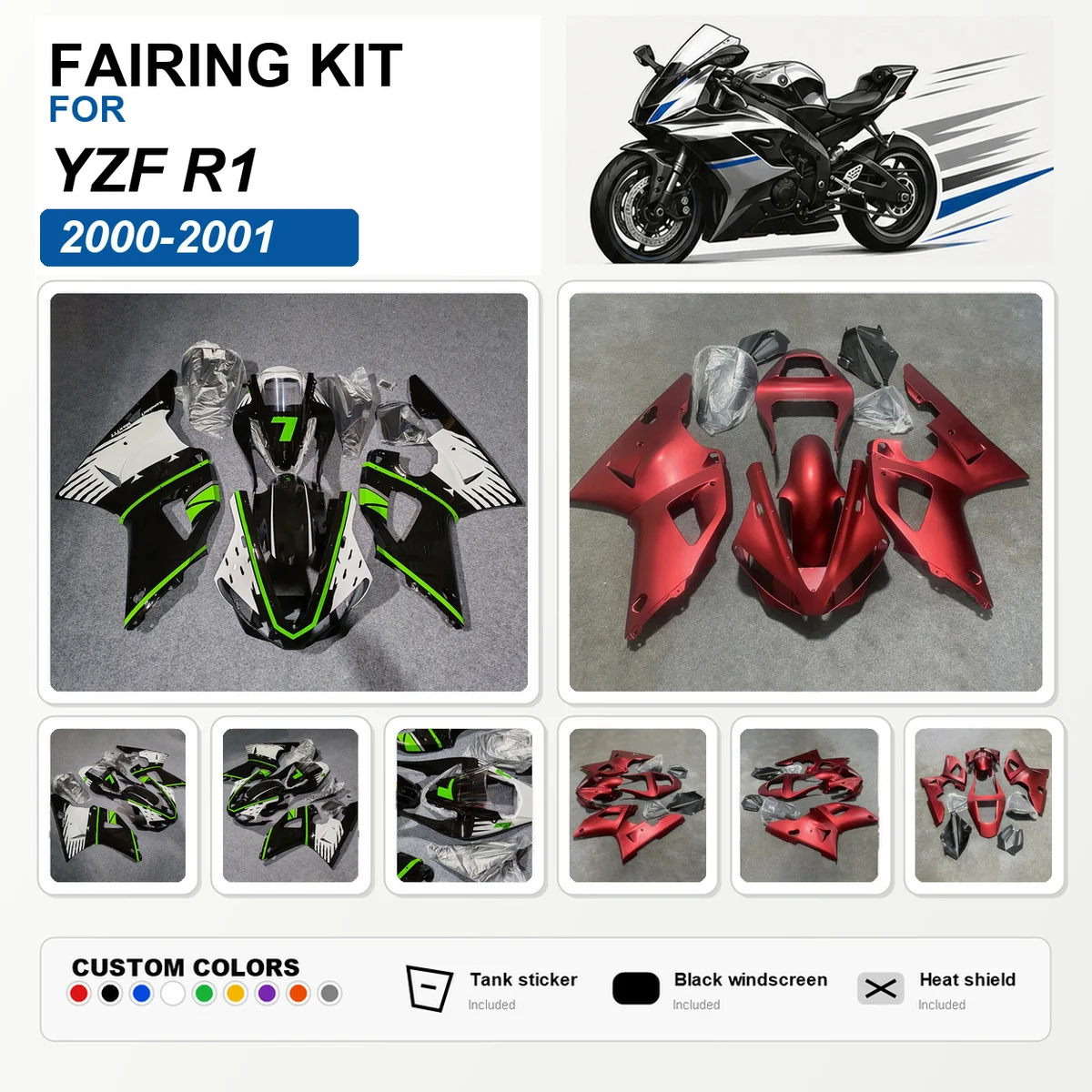 For YZF R1 2000 2001 Motorbike Fairing Kit ABS Plastic Painted Fairings Bodywork Cowl Panels Custom White Black Red