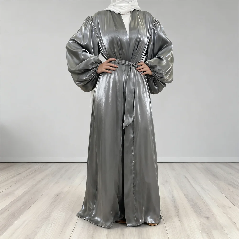 Abayas Women Muslim Dress Fashion Shiny Satin Islam Clothing Dubai Abaya Caftan Marocain Puff Sleeve Robe Kimono Cardigan Kebaya