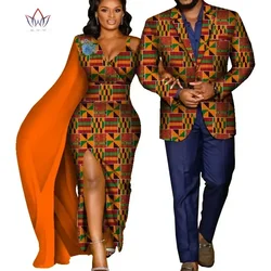 Bintarealwax African Print Clothes for Couple Dashiki Elegant Women Party Dresses Plus Size Men Jacket African Clothing WYQ635