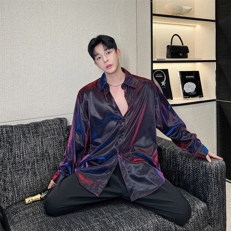 Buling Long Sleeve Metal Shiny Color Shirt Youth Fashion Performance Stage Clothing Unisex Standard Fit Printed No Ironing Re...