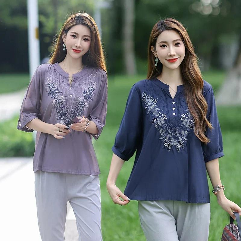 

Women's Linen Floral Embroidery Blouse V Neck 3/4 Sleeve Casual Summer Shirt