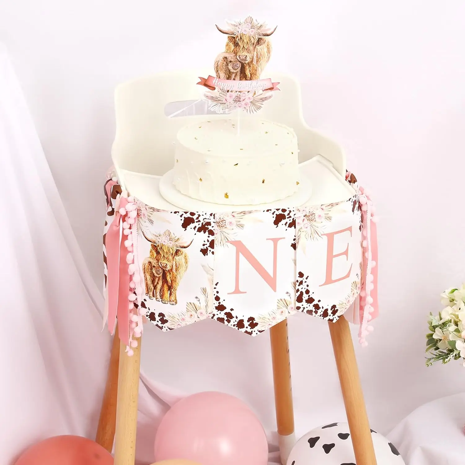 Highland Cow High Chair Banner Boho Pink Holy Cow Im One Farm Animal 1st Birthday Party Decorations