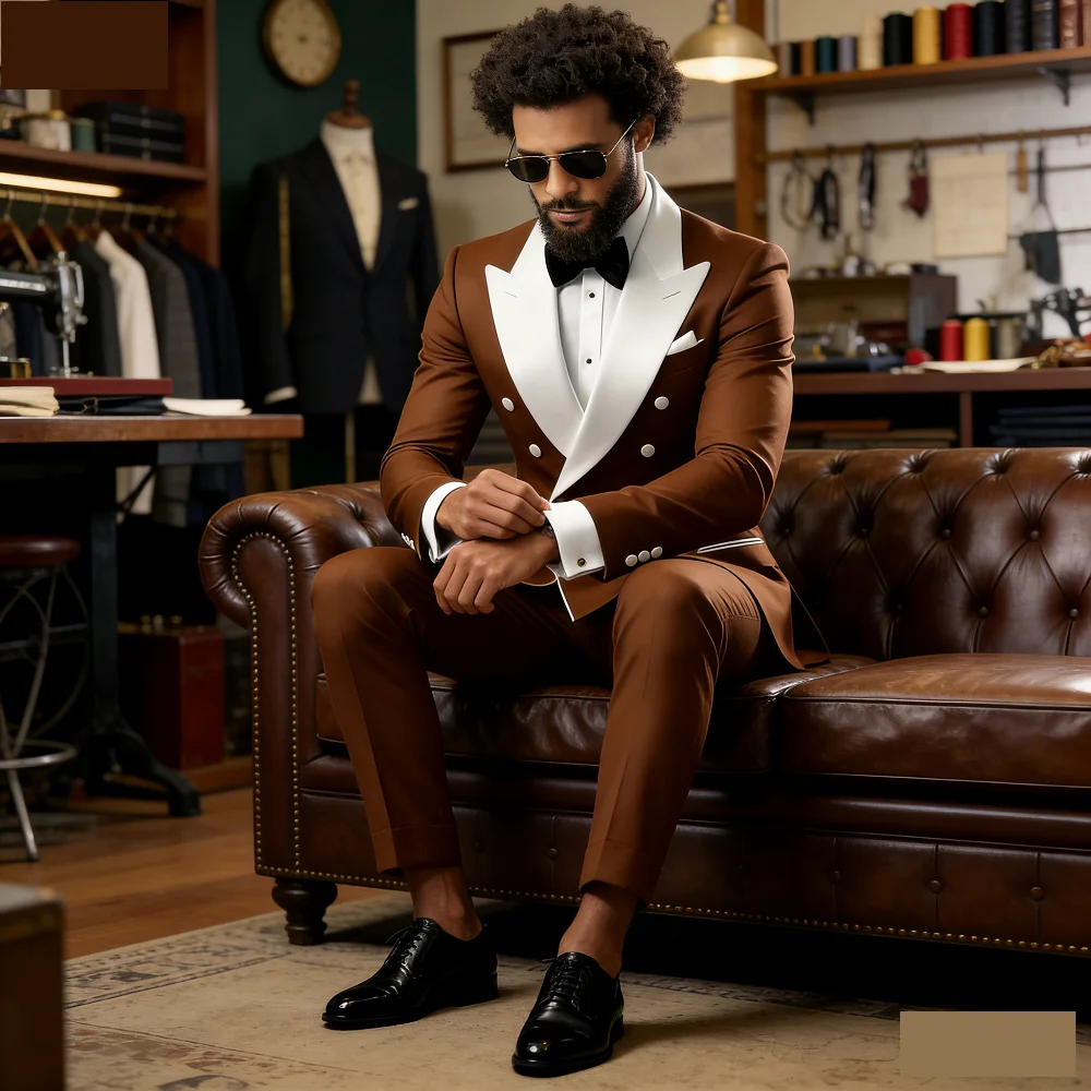

Men's 2-Piece Casual Smalking Set with White Lapel Blazer And Black Pants Wedding Groomsmen Suit for Ceremony And Festa