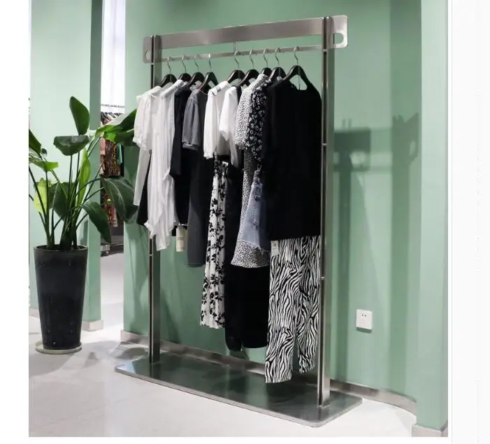 

High-end silver clothing store display rack indoor stainless steel brushed hangers