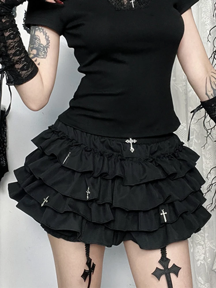 Black Mini Skirt with Cross Pendant Built-in Shorts Tiered Ruffled Trim Shoujo Girl Sukapan Gothic Lolita Kawaii Cake Skirt - view 6