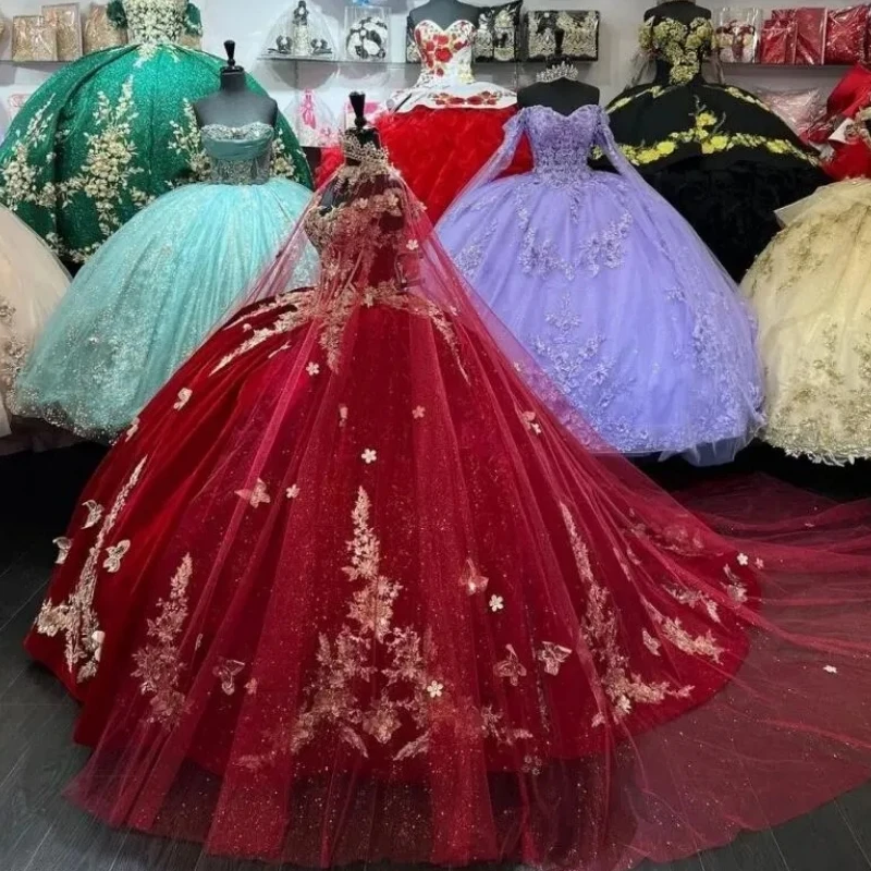 

Real Picture Wine Red Women Prom Dresses Cap Sleeve Lace Applique Ball Gown Sweet 16 15 Birthday Party Dress Quinceanera Wear