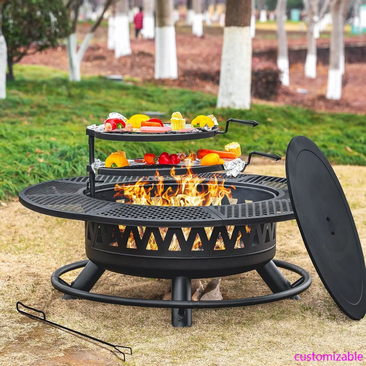 Pozo de fuego de 47 pulgadas con 2 parrillas, fogones extragrandes para exteriores, mesa redonda de Metal 3 en 1 con tapa para patio trasero, fiesta