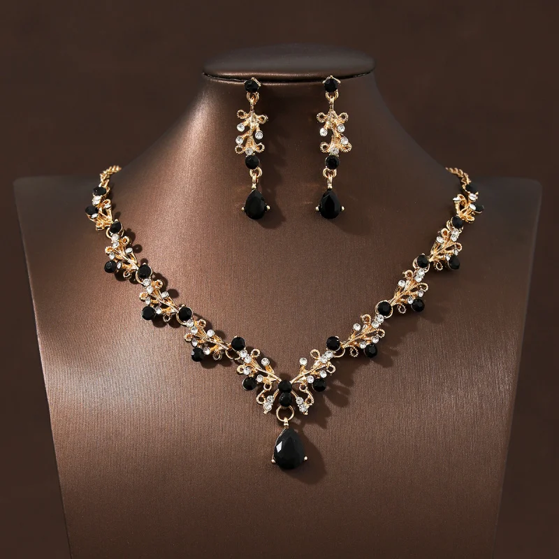 

Black Super Shiny Simple Retro Bride Necklace Earring Set Accessories Wedding Dress Accessories Evening Banquet Jewelry