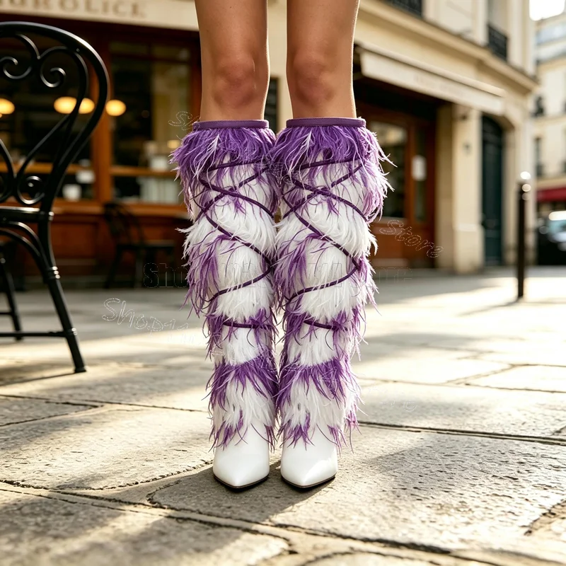 Purple White Feather Strappy Pointed Toe Boots Elastic Band Women Shoes Thin High Heels Banquet Dating 2026 Zapatos Para Mujere