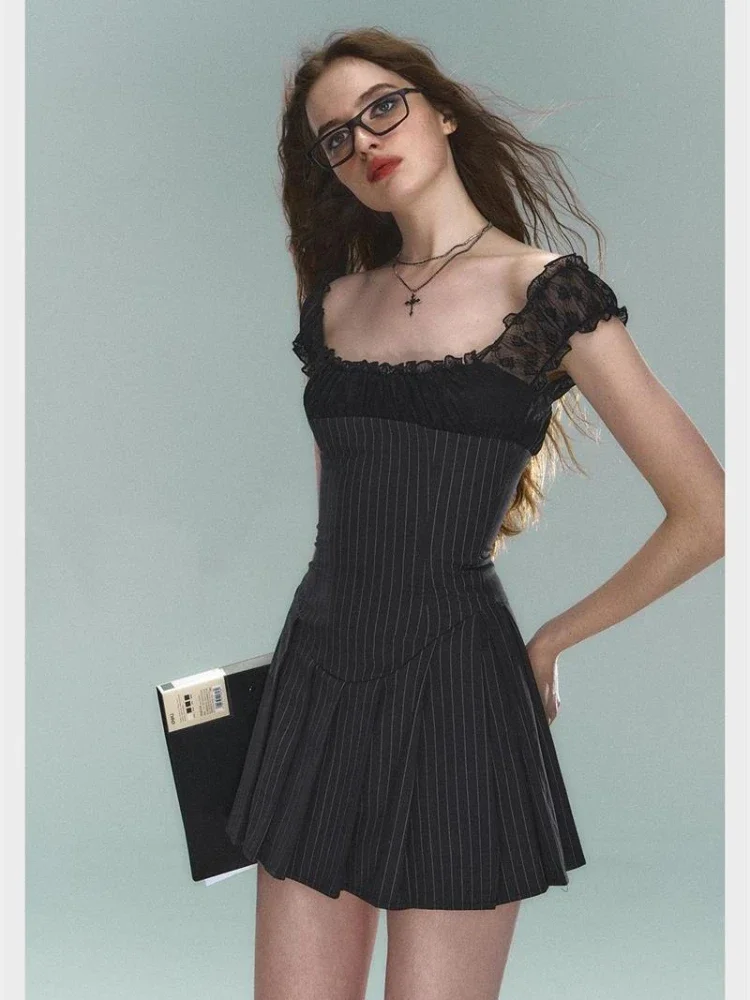 Y2k Sexy Stripped Lace Pleated Mini Dress Women 2024 Fashion Streetwear Short Strap Dresses Summer Chic Retro Party Dress 2024