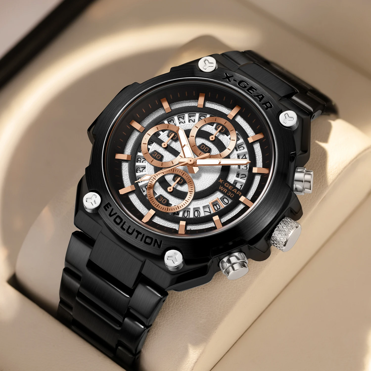 X-GEAR  Watches Man Quartz Watch Waterproof Luminous Moon Phase Sports Watches For Man Stainless Steel