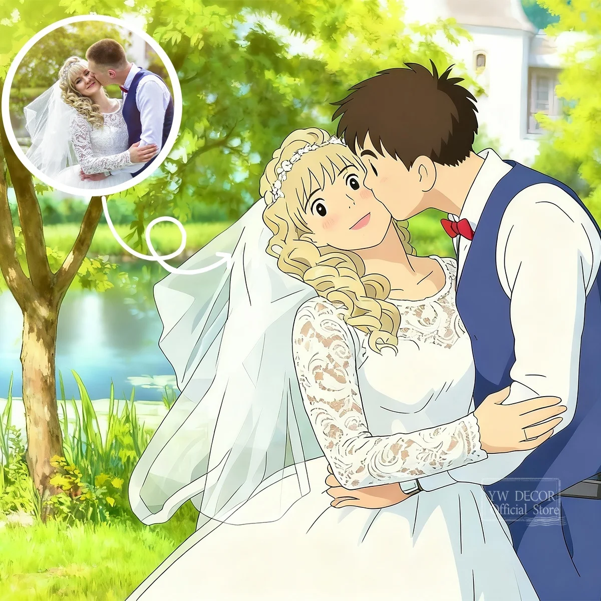 YWDECOR Custom Cartoon Ghibli Style Canvas Printing Anime Customized Your Picture for Family Wedding Pets Home Decor-unframed