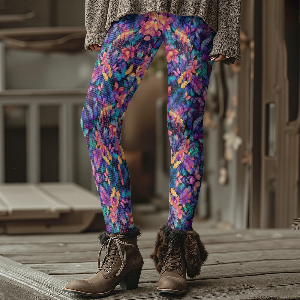 فراشة طباعة طماق النساء الشتاء سميكة الحرارية البوهيمي Harajuku الشارع موضة مثير السراويل الضيقة الملونة التصميم الفني #6