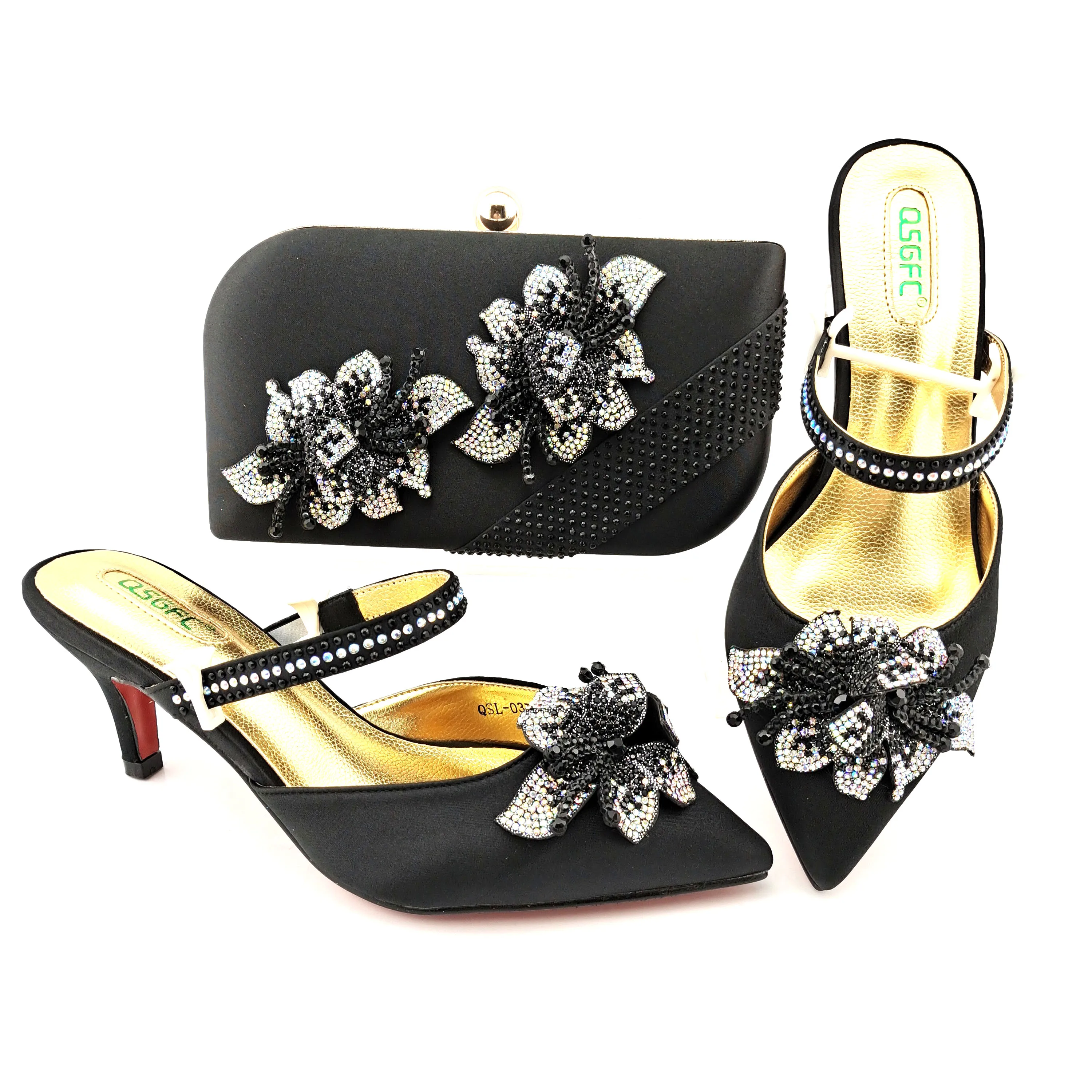 Black Color Italian Women Shoes and Bag Set African Lady Shoes Matching Bag Elegant Style with Diamond Flower For Party