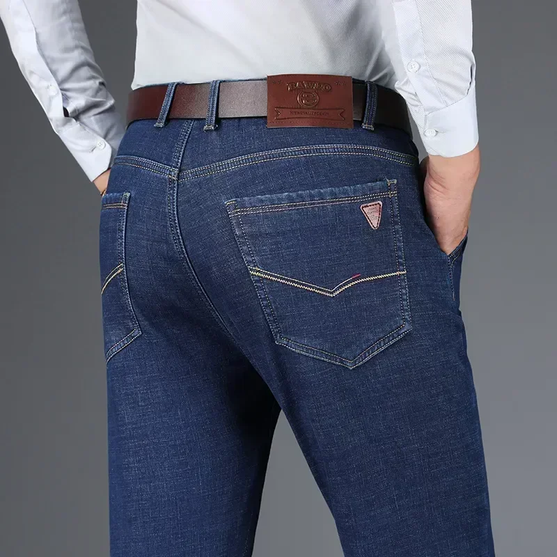 

Men's Fall and Winter Jeans Thick Straight Mid-high Waist Stretch Men's Denim Trousers Business Casual Black Black Blue Pants
