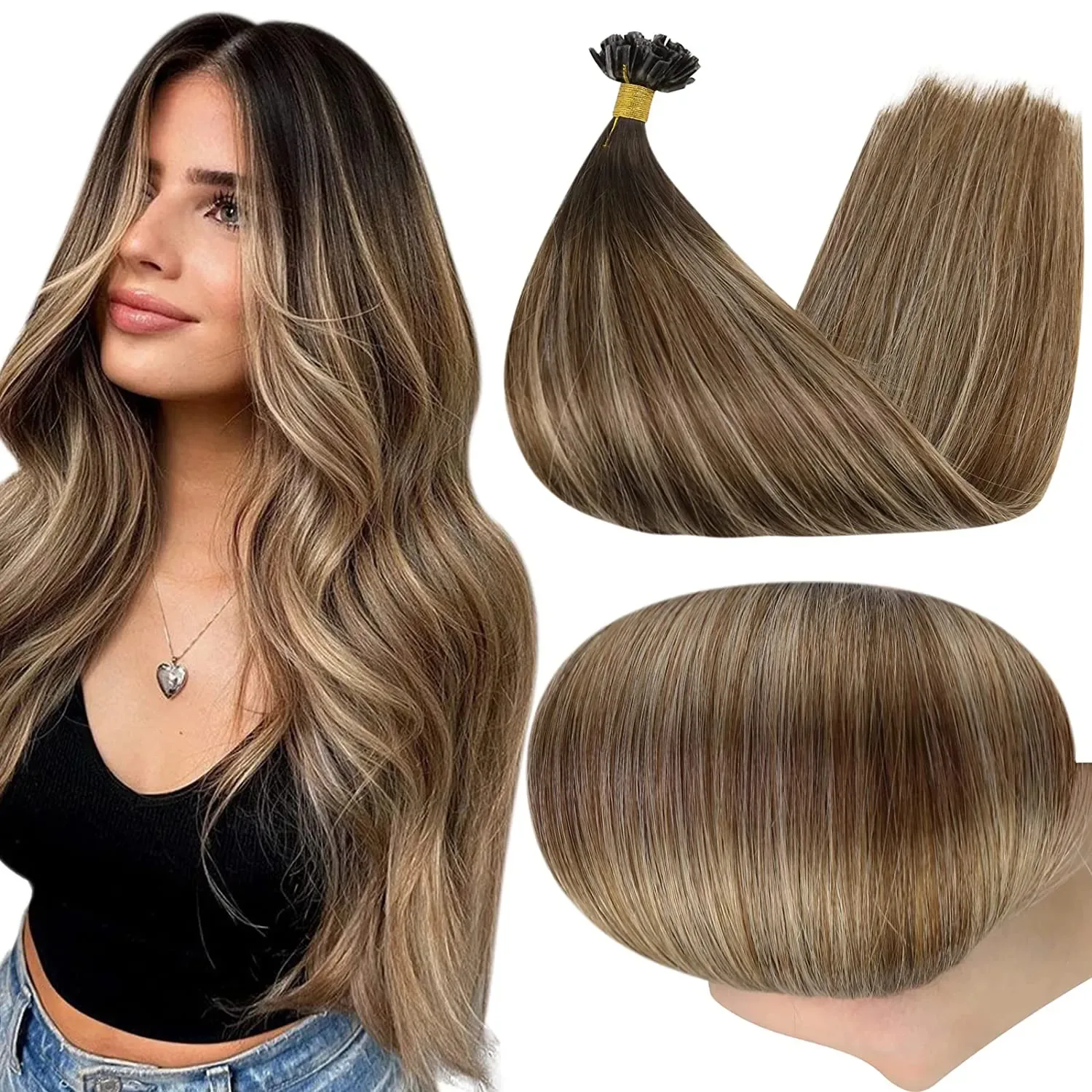 Full Shine Fusion Nail U Tip Hair Extensions Balayage Color Keratin Glue Beads Prebonded Human Hair Extensiones 50g Machine Remy