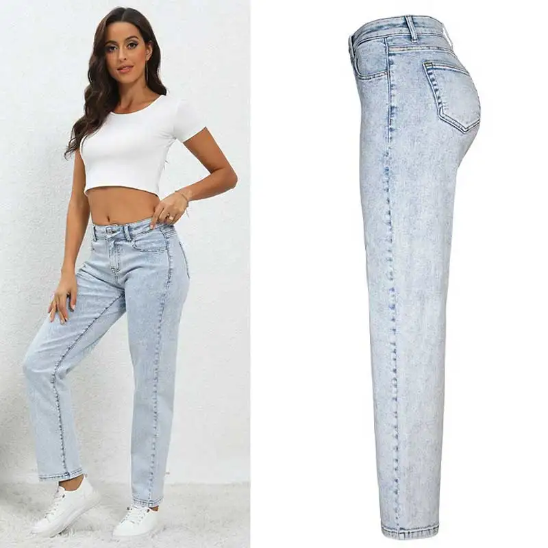 Elastic Light Blue Women's Jeans High-Waisted Loose Straight Wide Leg Jeans