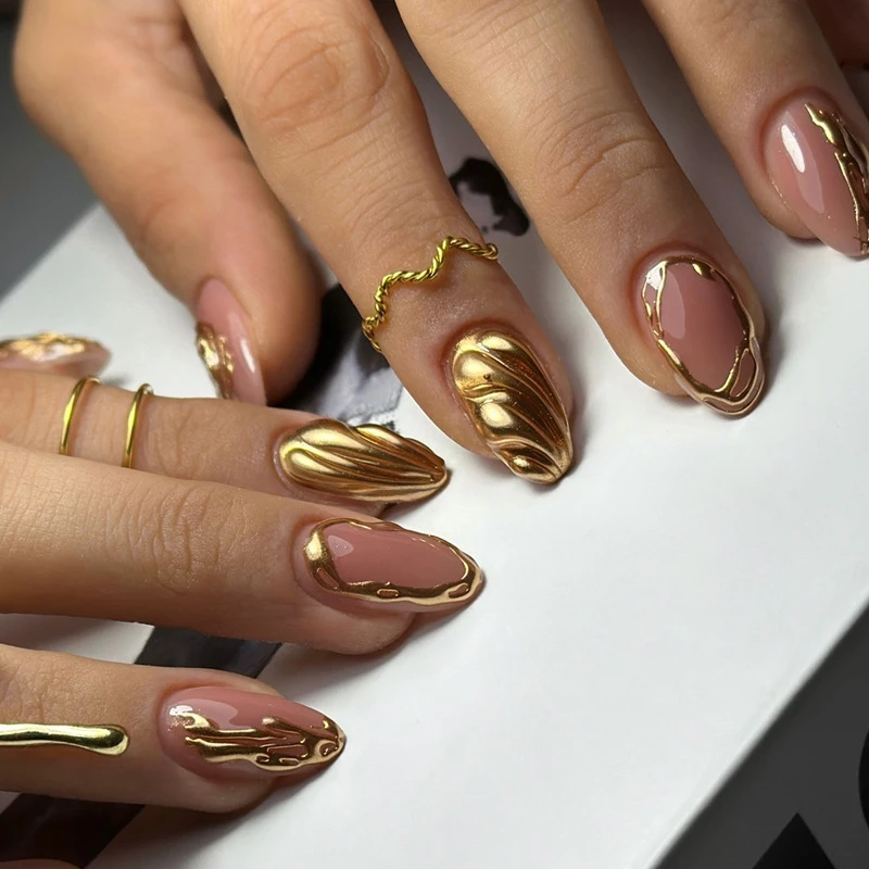 

24 шт. 3d золотой цвет кожи, акриловые накладные ногти в форме миндаля, женские средние короткие готовые искусственные кончики ногтей