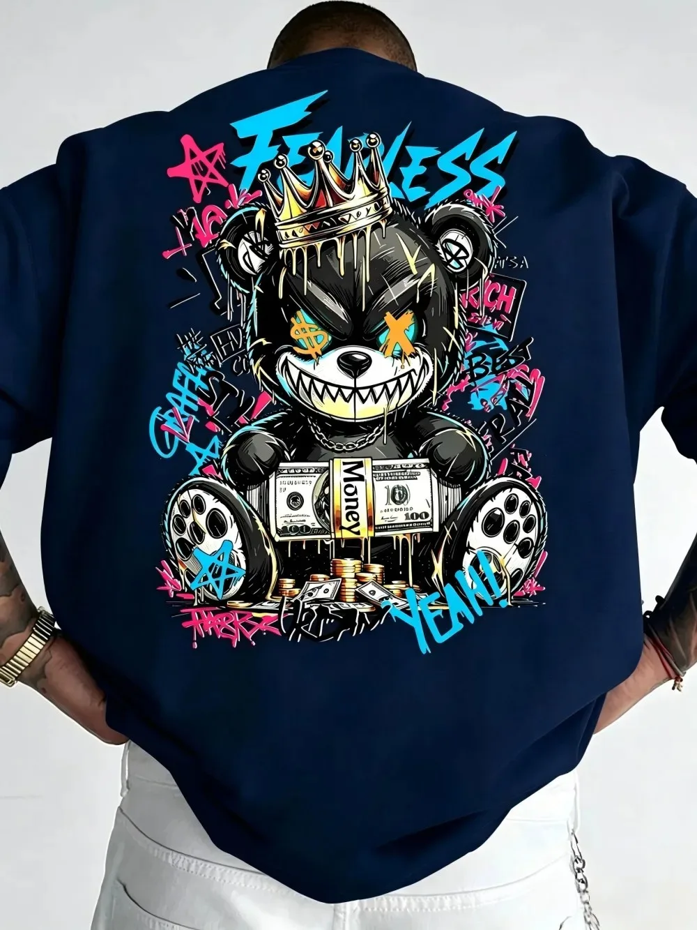 2026 New Men's  Horror Teddy Bear Wealth Letter Print Comfortable and Breathable Round Neck T-Shirt Outdoor Street Style Top