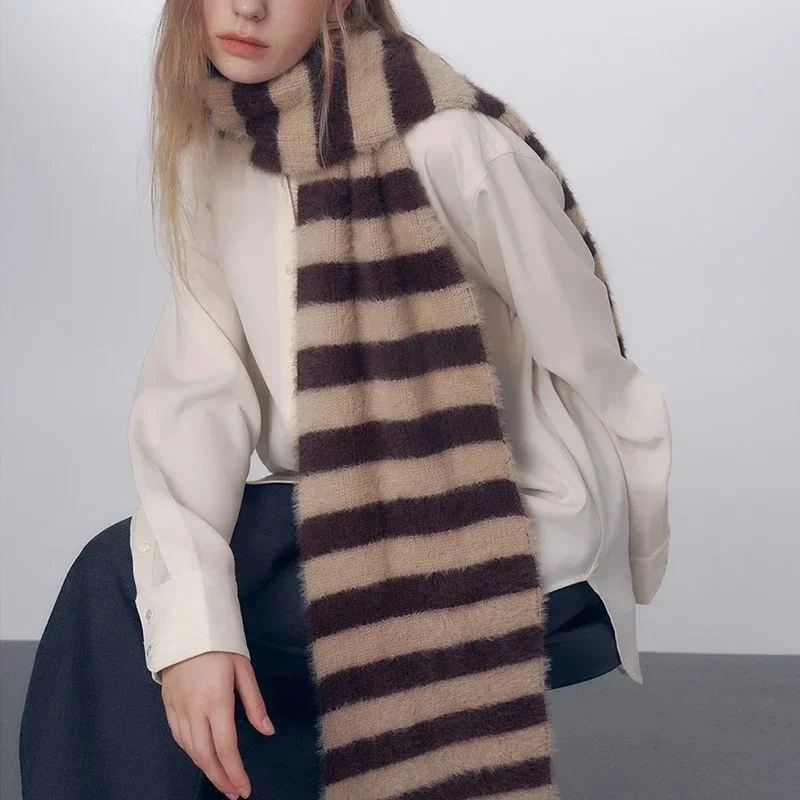 1PC Niche Color Scheme Imitation Classic Striped Knitted Cotton Muffler for Women Autumn Winter Soft Warm Scarf Female Shawl