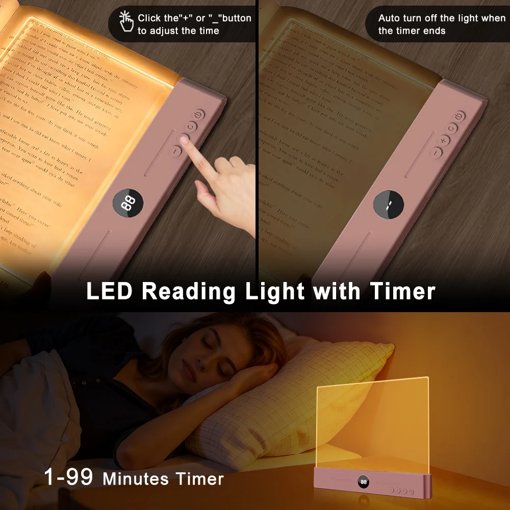 2-in-1 LED Book Light & Night Light, 3 Color Modes, Stepless Dimming, USB Rechargeable Reading Lamp with Timer