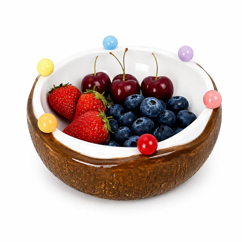 Creative Coconut Shell Ceramic Fruit Bowl with Forks, Salad Bowl Set for Home Decor, Housewarming Gift for Living Room