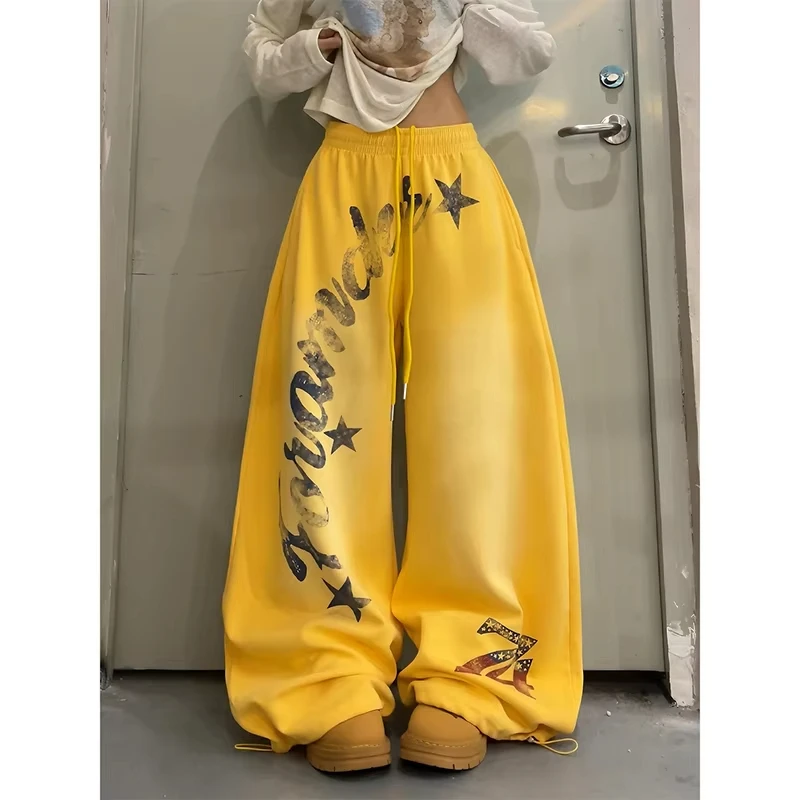 2026 American Style Vintage Gradient Letter Print Casual Wide Leg Pants Loose Fit Hip Hop Jazz Dance Women Fashionable Trousers