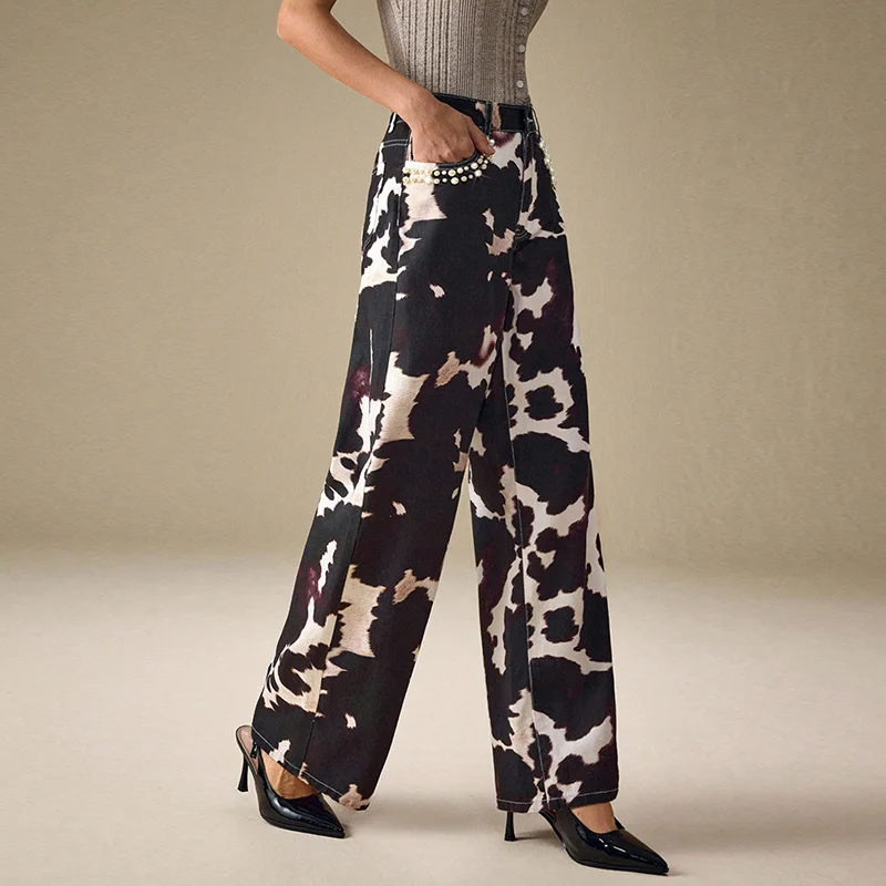 Benuynffy Jeans da donna stampati con perline di perle Streetwear Pantaloni in denim a gamba larga dritti larghi a vita alta vintage da donna