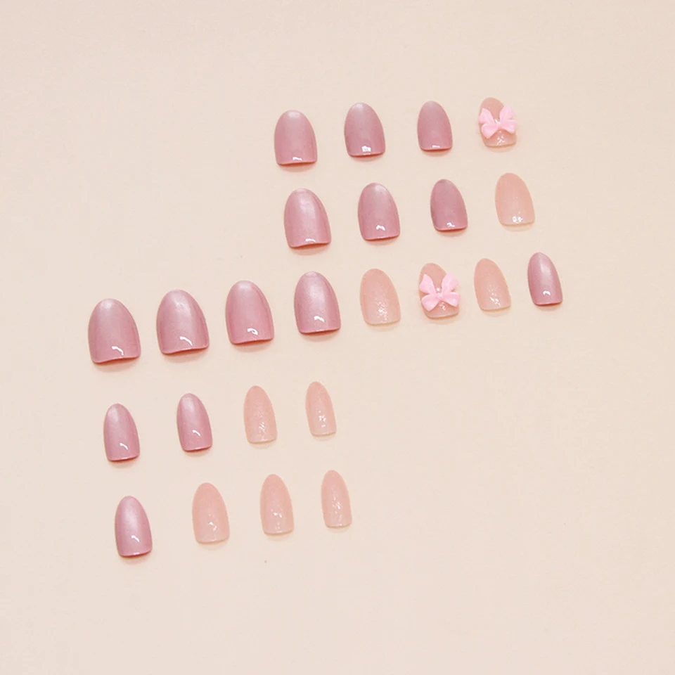 24 piezas de uñas postizas rosas brillantes en forma de almendra con moños 3D, estilo coreano, de cobertura total 3