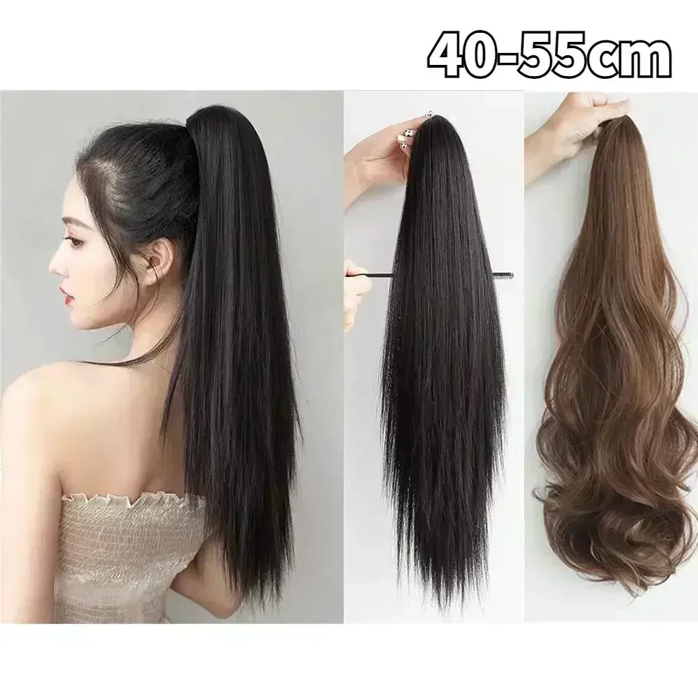 

55cm Fashion Synthetic Wigs Claw Clip Natural Curly/Straight Ponytail Grab Wig Women Ponytail Hair Extensions