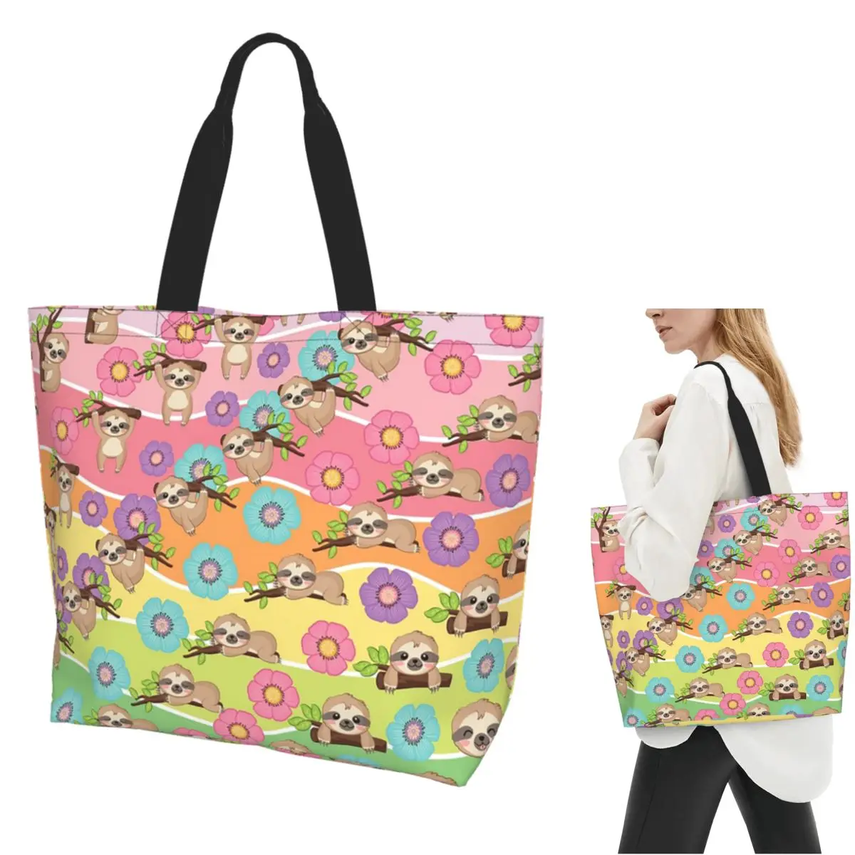 

Сумка-тоут для покупок с ленивцем и цветком, парусиновая сумка на плечо большой вместимости, продуктовая сумка для покупок для женщин