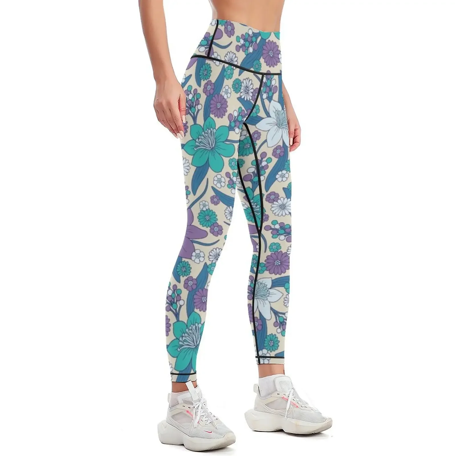 Purple, Teal & Blue 1970s Inspired Retro Floral Pattern Leggings gym top for physical Womens Leggings