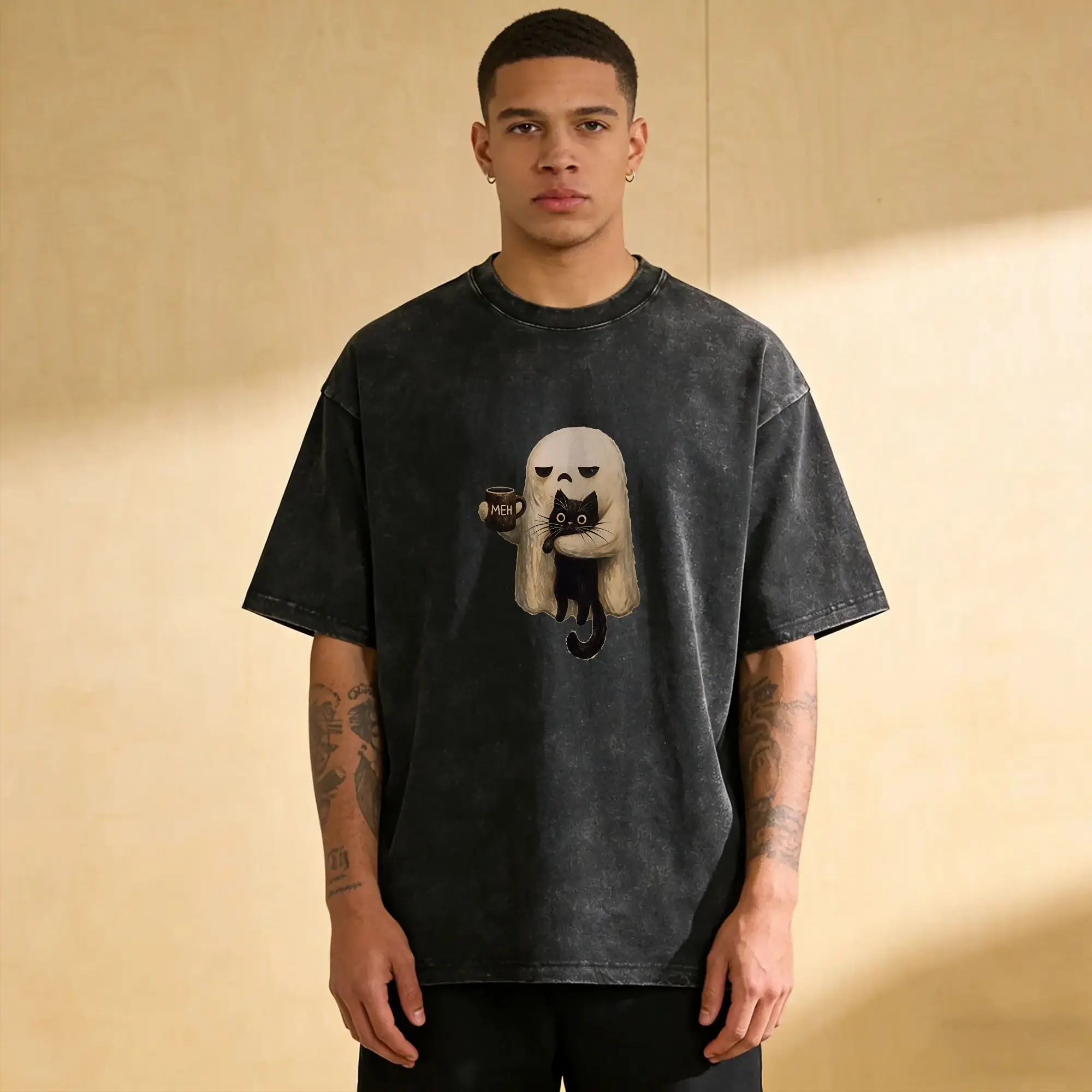 Oversized Washed T-Shirt Ghost-Cat Spooky Black Cat Aesthetic Loose T-Shirts Halloween Coffee Lover Printed Tops