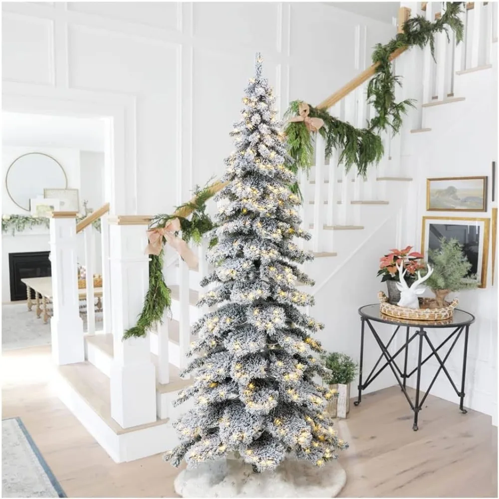 

9ft Pre-Lit Flocked Layered Spruce Artificial Christmas Tree with 500 Warm White Lights, Large Xmas Elegant Snowfall
