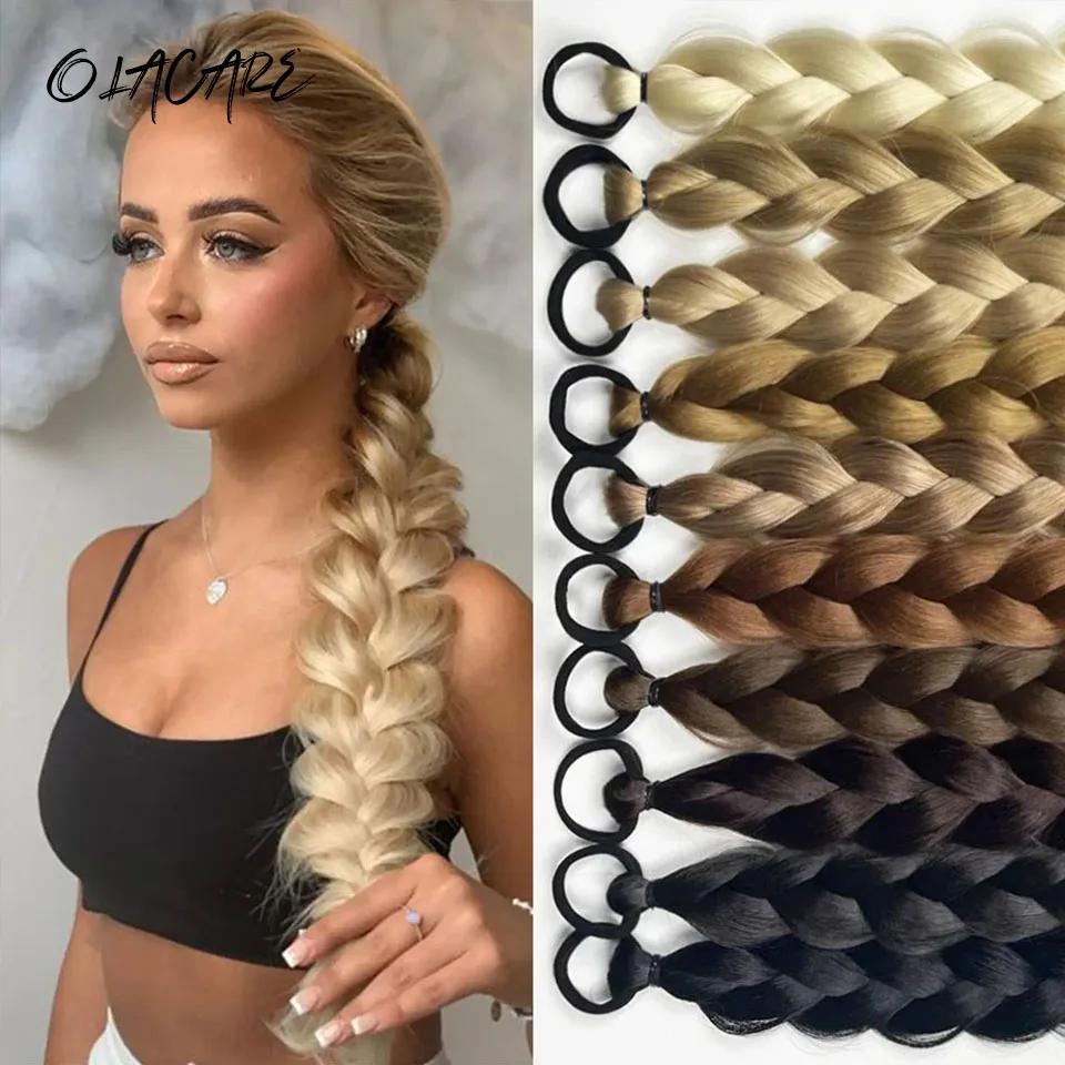 

OLACARE Synthetic Long Twist Braid Ponytail Extensions With Rubber Band 24 Inch Boxing Braided Hair Extensions For Women Daily