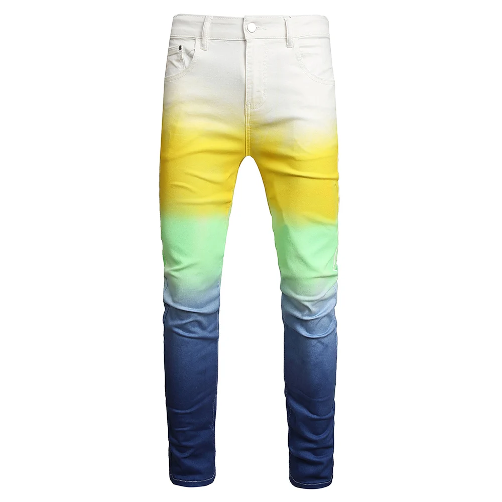 Men Tie Dye Stretch Denim Jeans Colored Painted Slim Straight Pants Yellow Blue Contrast Color Spliced Trousers