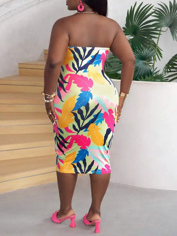 Stylish Plus Size Printed Bandeau Summer Dress