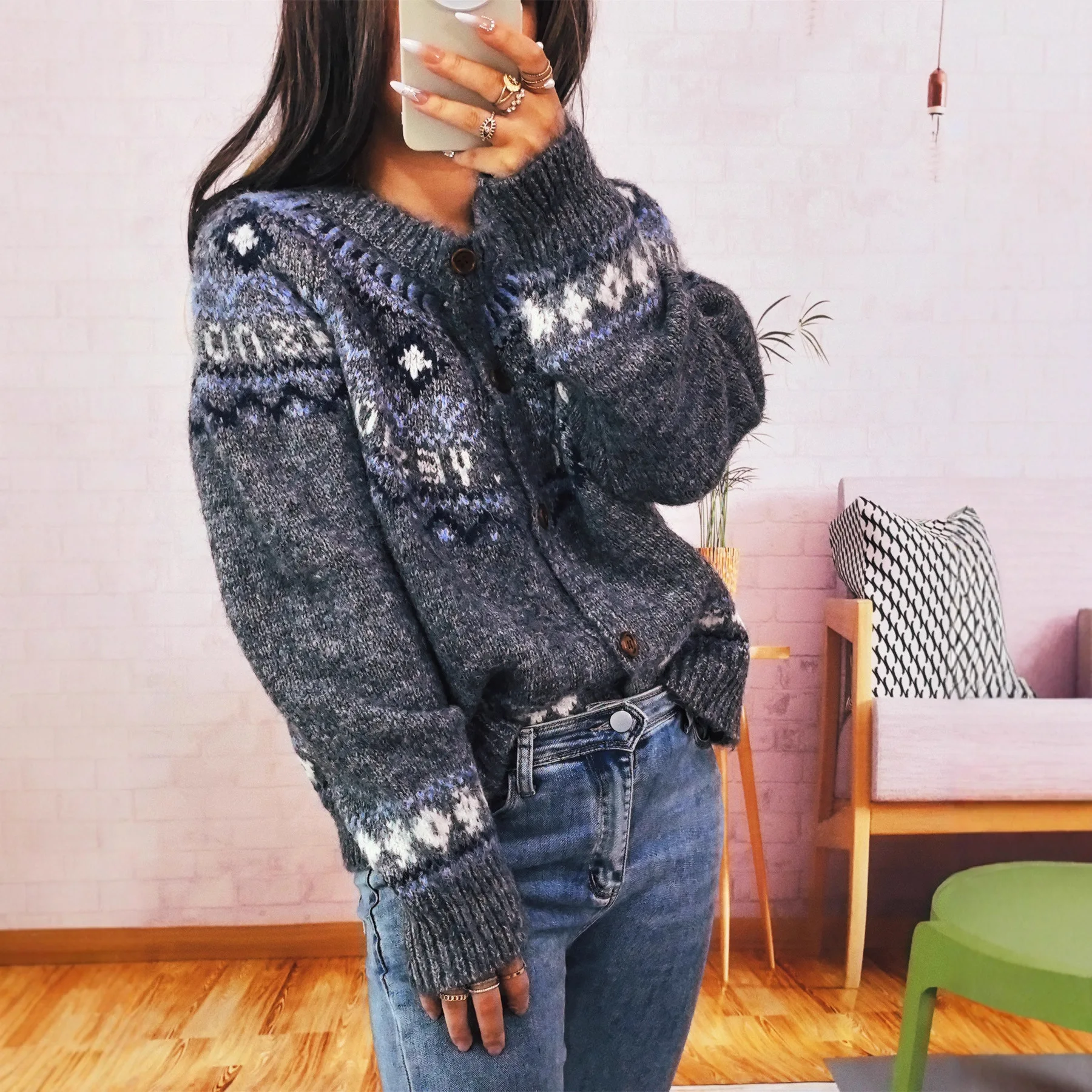 เสื้อคาร์ดิแกนไหมพรมถักลายวินเทจ คอทรงโอ แขนยาว ติดกระดุมแถวเดียว สำหรับผู้หญิง  คอลเลคชั่นฤดูใบไม้ร่วง-ฤดูหนาว