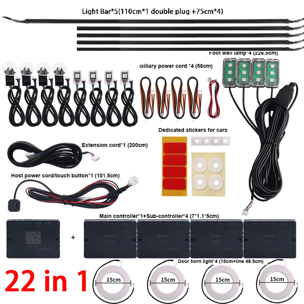 Dual Zone 18 in 1 Full Color Streamer Auto Omgevingslicht RGB 64 kleuren LED Interieur Acrylvezel Strip Decoratie Sfeerlamp - afbeelding 1