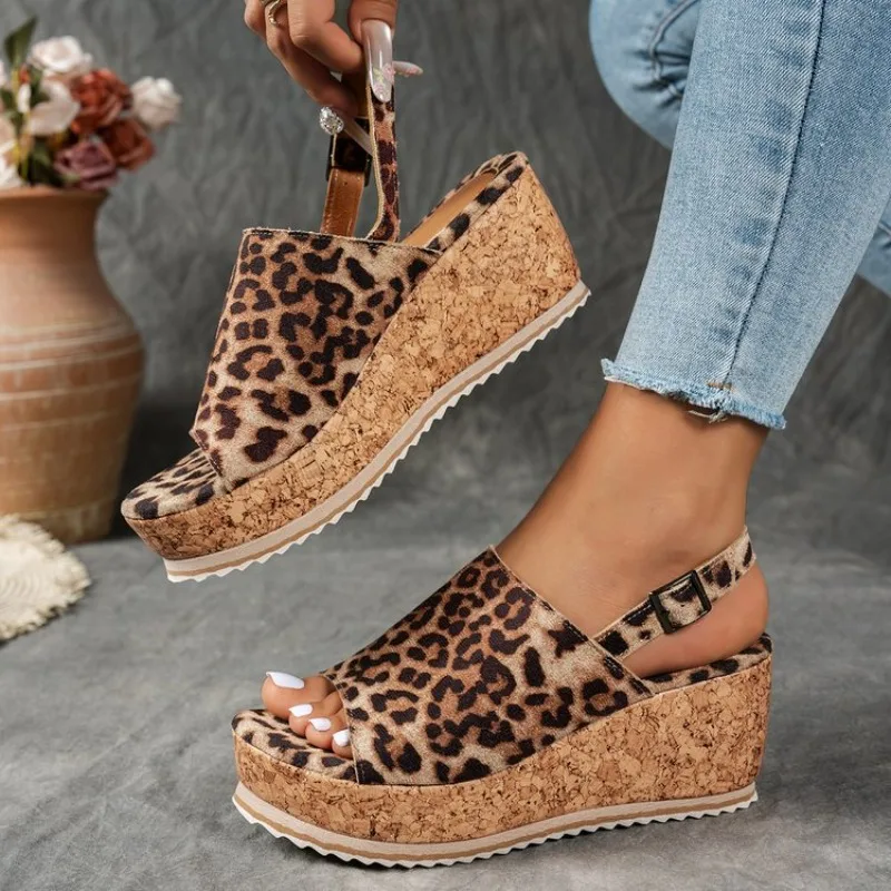 Women's Wedges Open Toe Wedge Heel Platform Shoes Animal Print Suede-Look Texture Ankle Strap Sandals Daily Footwear Main Goods