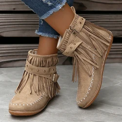 Boêmio estilo borlas tornozelo para mulheres, camurça do falso retro, cinta de fivela botas curtas, saltos planos, botas ocidentais, plus size 43