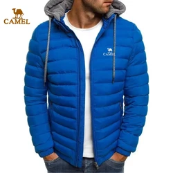 Autumn and Winter Men's Embroidered CAMEL Hooded Warm Cotton Jacket, New Fashionable Casual Outdoor Windproof Detachable Top