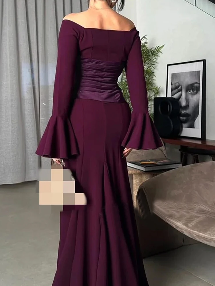 

Сексуальное однотонное платье с разрезным воротником, осеннее элегантное женское плиссированное платье длиной до пола с высокой талией, повседневное тонкое платье с длинным рукавом