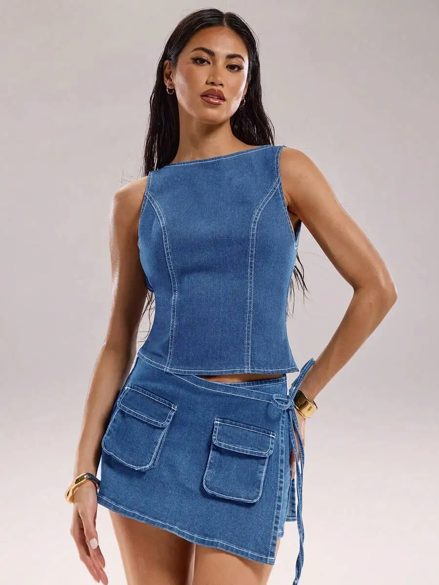 

Womens Sleeveless Denim Crop Top With Pockets Streetwear Casual Summer