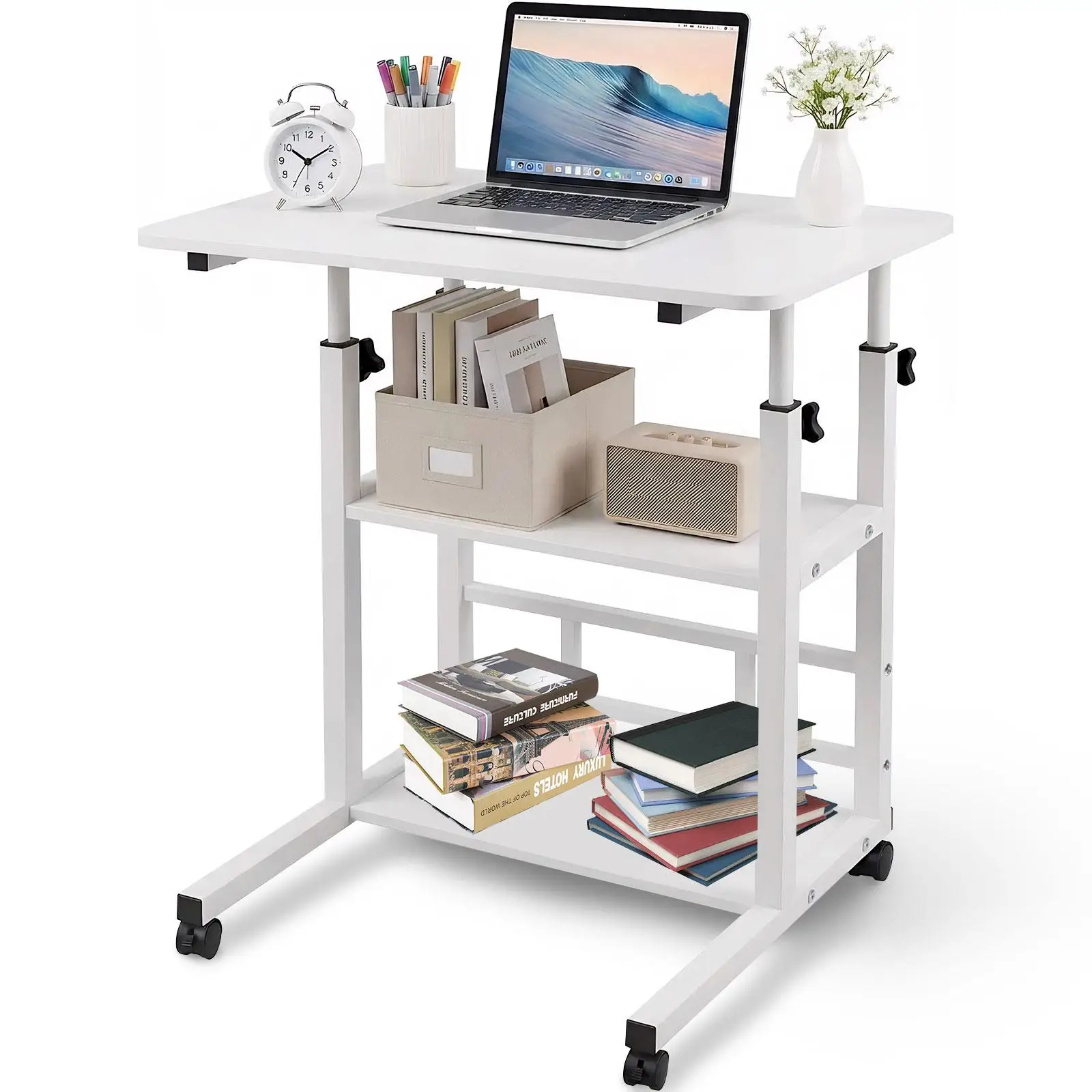Mobile Standing Desk Height Adjustable Rolling Computer Table with Wheels & Storage Shelf Portable Laptop Study Desk for Home Office Small Space Bedside Workstation 32 Inch