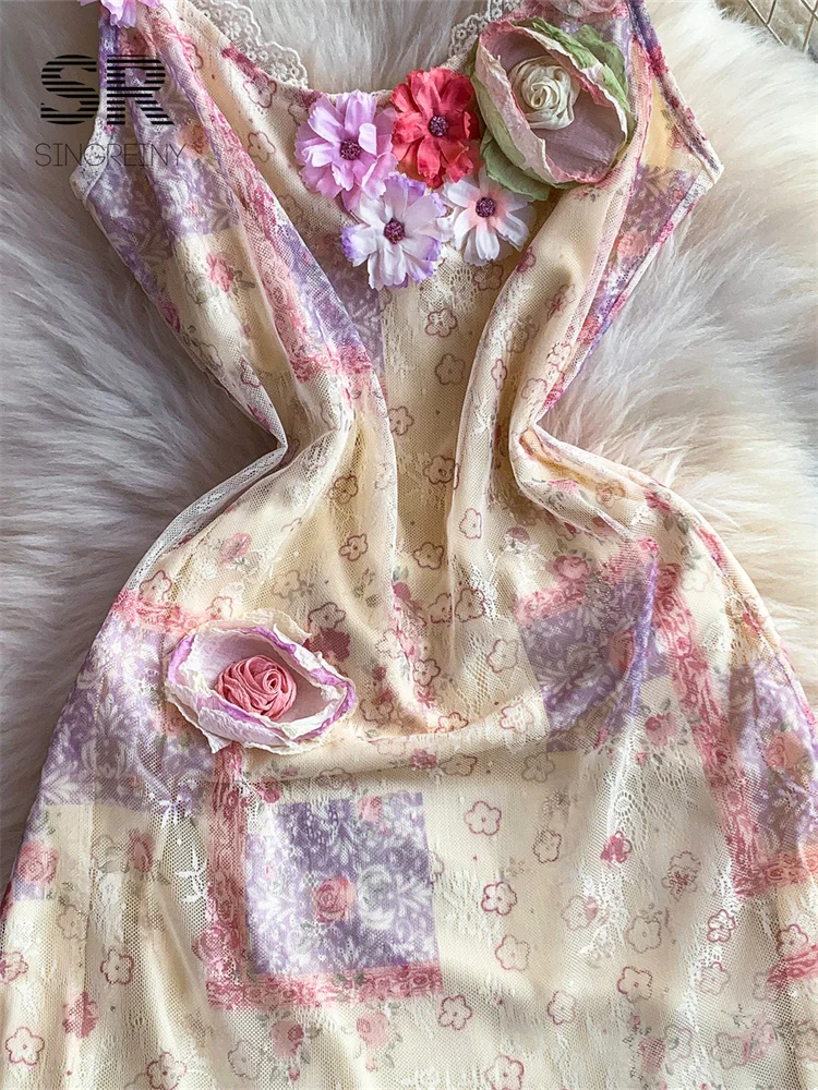 SINGREINY 3D Floral Mesh Sundress Ladies French Print Splice Sling A-line Slim Gentle 2026 Summer Romantic Vacation Long Dresses - Image 3