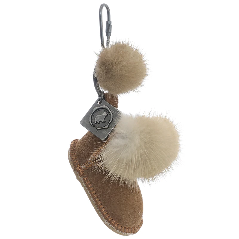 MPPM Luxury Fluffy Mink Fur Pompom Genuine Real Leather Boot Shoe Keychain for Women Car Key Chain Bagpack Accessories Pendant